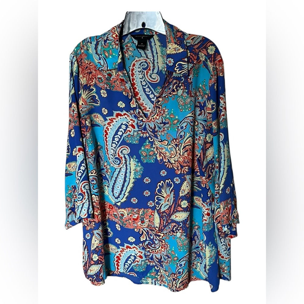 Investments Turquoise Blue Paisley Print Long Sleeve V-Neck Tunic Top Size 1X